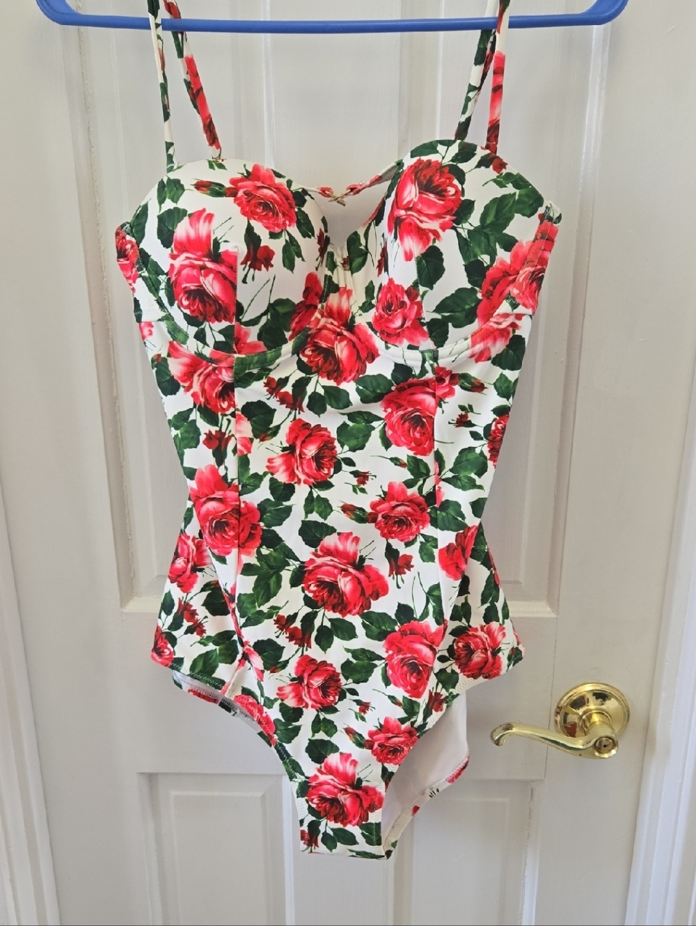 Red And White Rose Print One Piece Bathing Suit